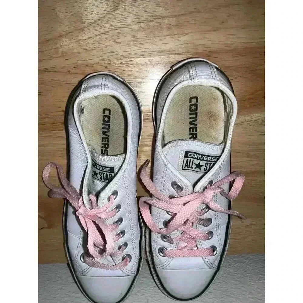 Converse All Start White Leather Lop Tops with Pink Laces Mens sz 5 Womens sz 7 - Picture 8 of 12